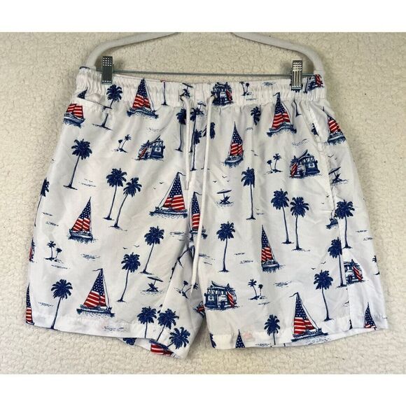 Free Planet Mens Swim Trunks Surfer Bro Swimwear Patriotic Nautical Sailboat LG - Picture 1 of 6